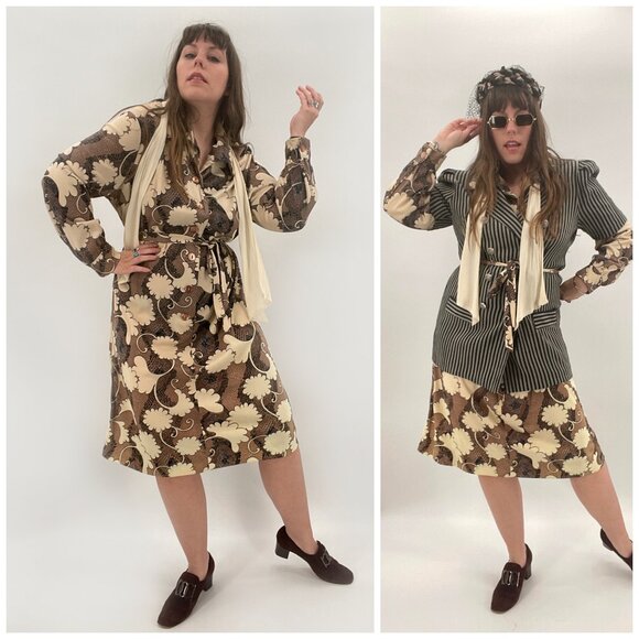 Vintage 70s Brown Printed Belted Dress | Size M-XL - Picture 1 of 11